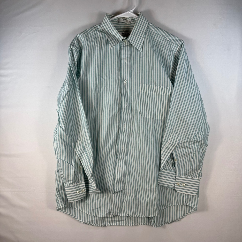 Liberty of London Mens Striped Button Down Shirt 16 32/33 Green White Cotton USA